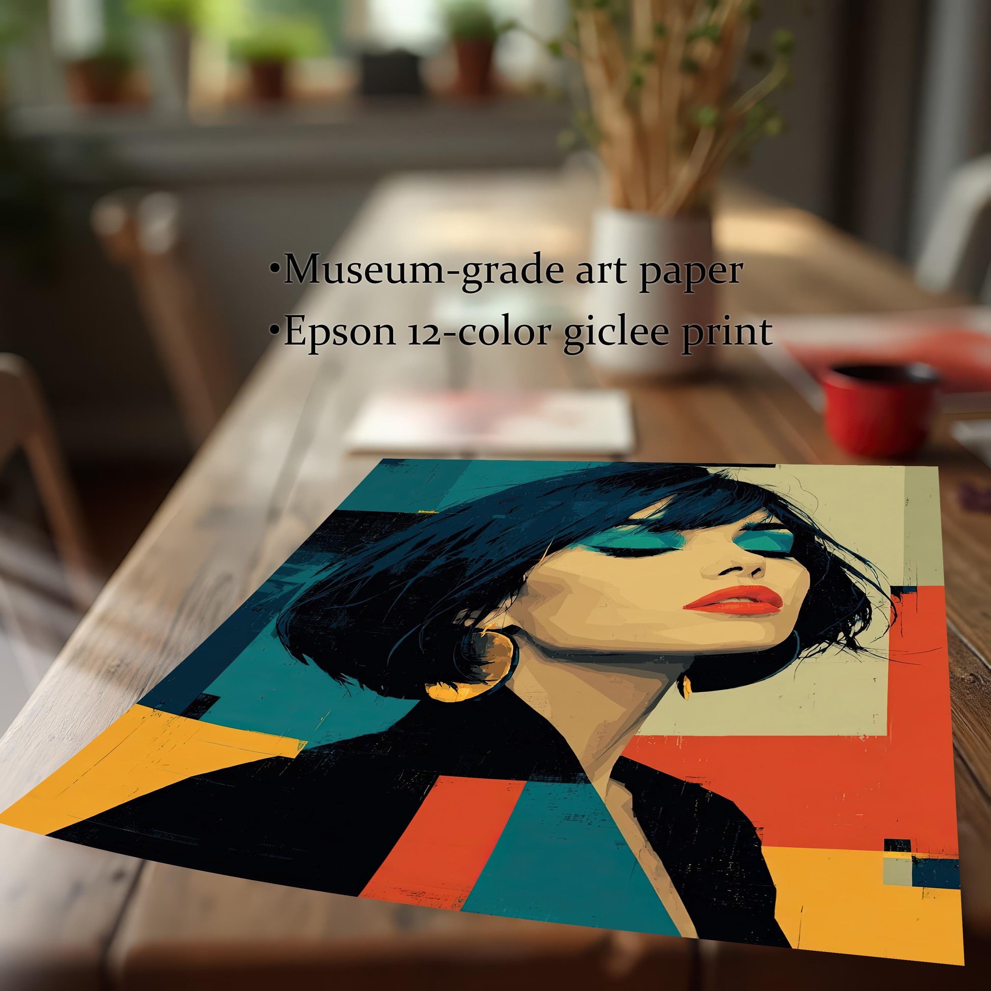 A close-up view of an art print lying on a wooden table, with text that describes the print as "Museum-grade art paper" and an "Epson 12-color giclee print."