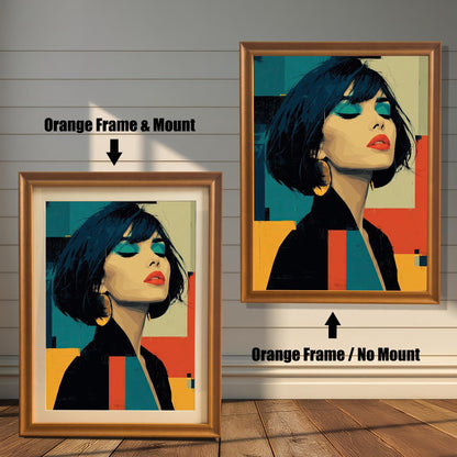 This image shows two framed art prints of a woman in a black jacket. The left print has a white mat and an orange frame, and the right has no mat and the same frame.