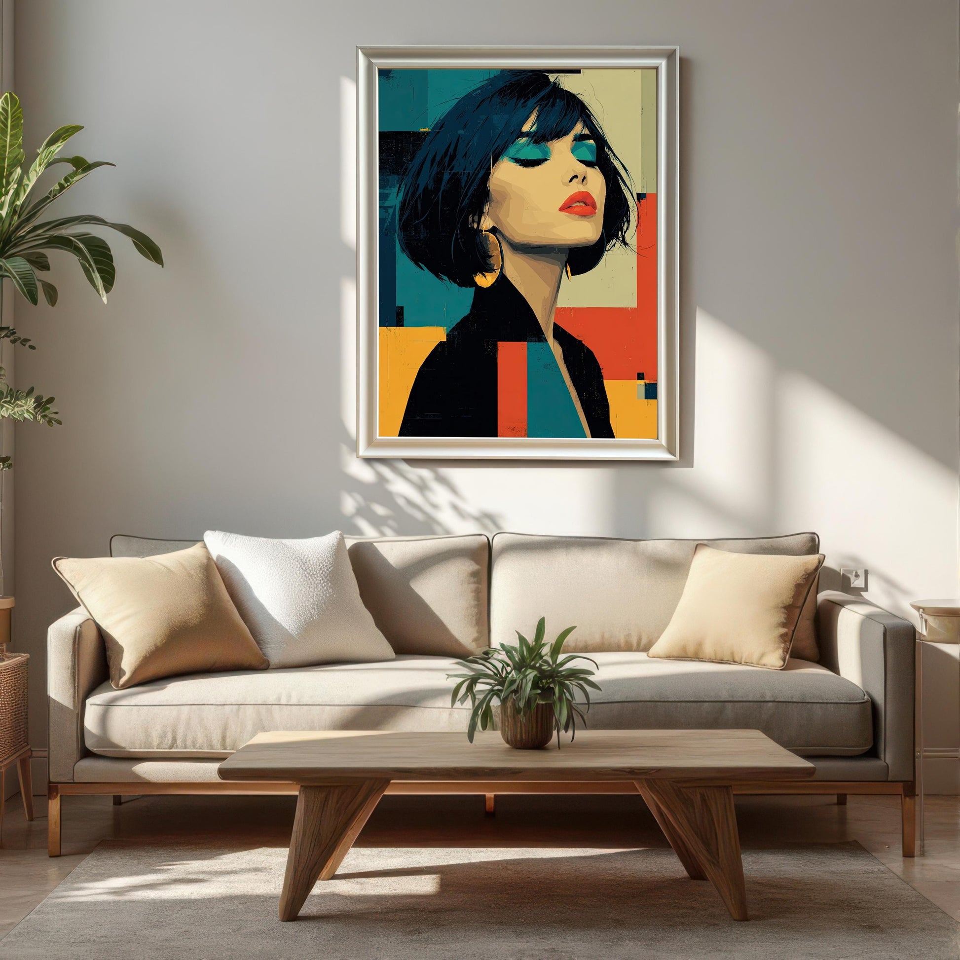 A large, modern art print of a woman with teal and black hair, eyes closed, is hanging on a wall above a couch. The print is framed in white.