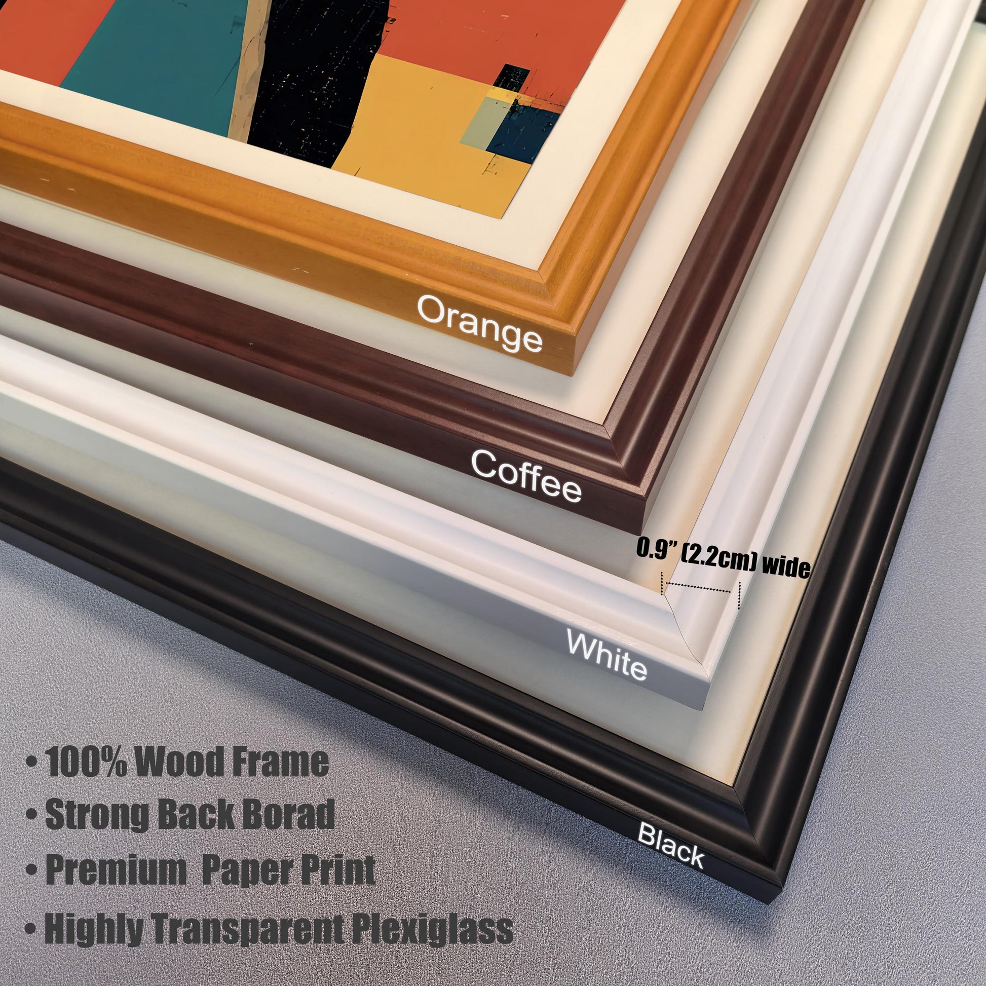 This image shows four different frame colors—orange, coffee, white, and black—stacked on top of each other. The frames are made of wood and have a width of 0.9 inches.