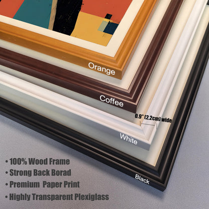 This image shows four different frame colors—orange, coffee, white, and black—stacked on top of each other. The frames are made of wood and have a width of 0.9 inches.