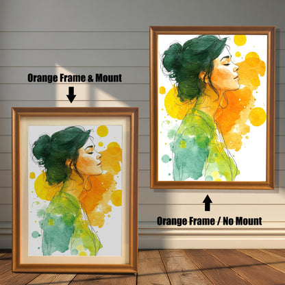 Two framed watercolor prints of a woman with her hair in a bun. The frames are an orange wood tone. One print has a mount, and the other is shown without.
