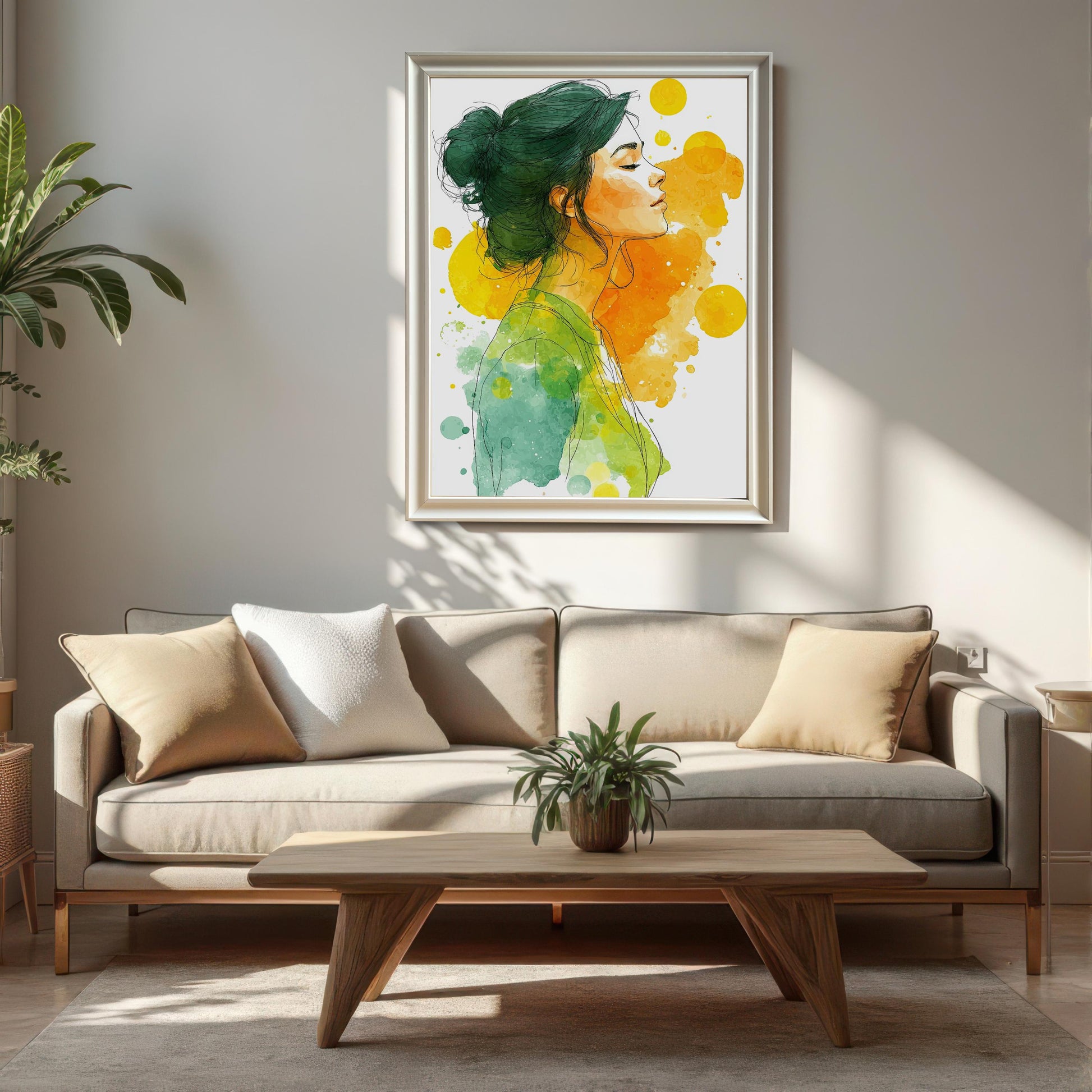 A watercolor print of a woman in a thin, light-colored frame hangs above a neutral-toned sofa and pillows in a modern living room setting.
