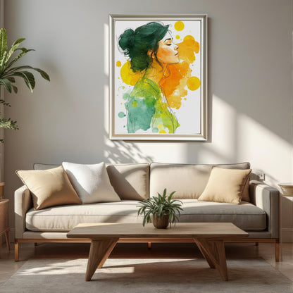 A watercolor print of a woman in a thin, light-colored frame hangs above a neutral-toned sofa and pillows in a modern living room setting.