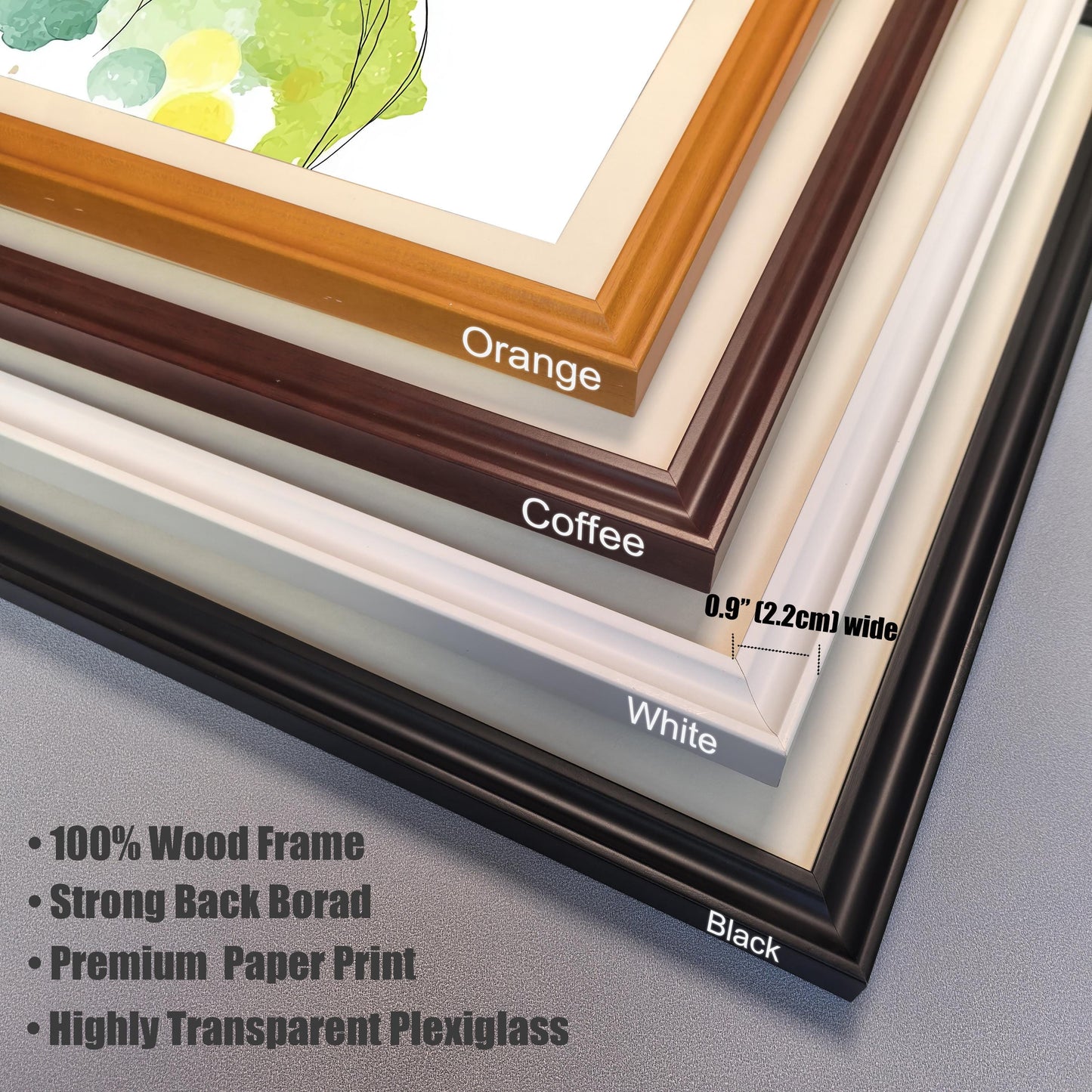 A close-up of the four frame options: black, white, coffee, and orange. The image text indicates the frames are 0.9 inches (2.2 cm) wide and lists features like a 100% wood frame and plexiglass.