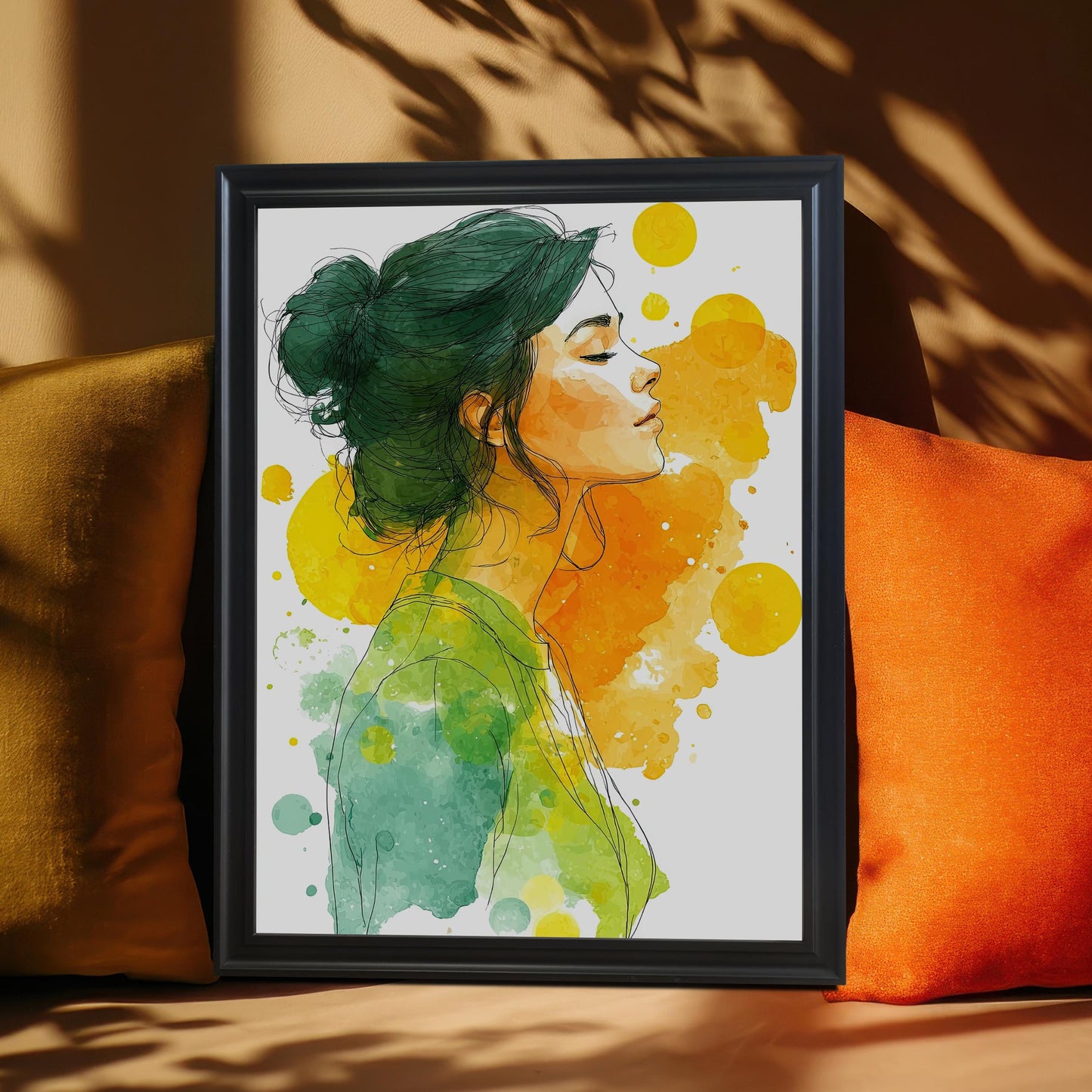 A black-framed watercolor print of a woman sits on a brown sofa, propped up against mustard and orange-colored pillows.