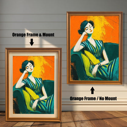 A comparison of two art prints of a seated woman in orange frames. One print has a mount, and the other does not, highlighting the difference in appearance.