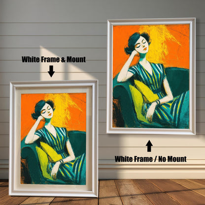 A side-by-side comparison of two art prints of a seated woman. Both prints are in a white frame, but one includes a white mount, while the other does not.