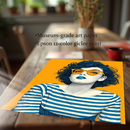 A close-up of an unframed art print of a woman with dark blue hair and a striped shirt, resting on a wooden table. The text highlights "Museum-grade art paper" and "Epson 12-color giclee print."