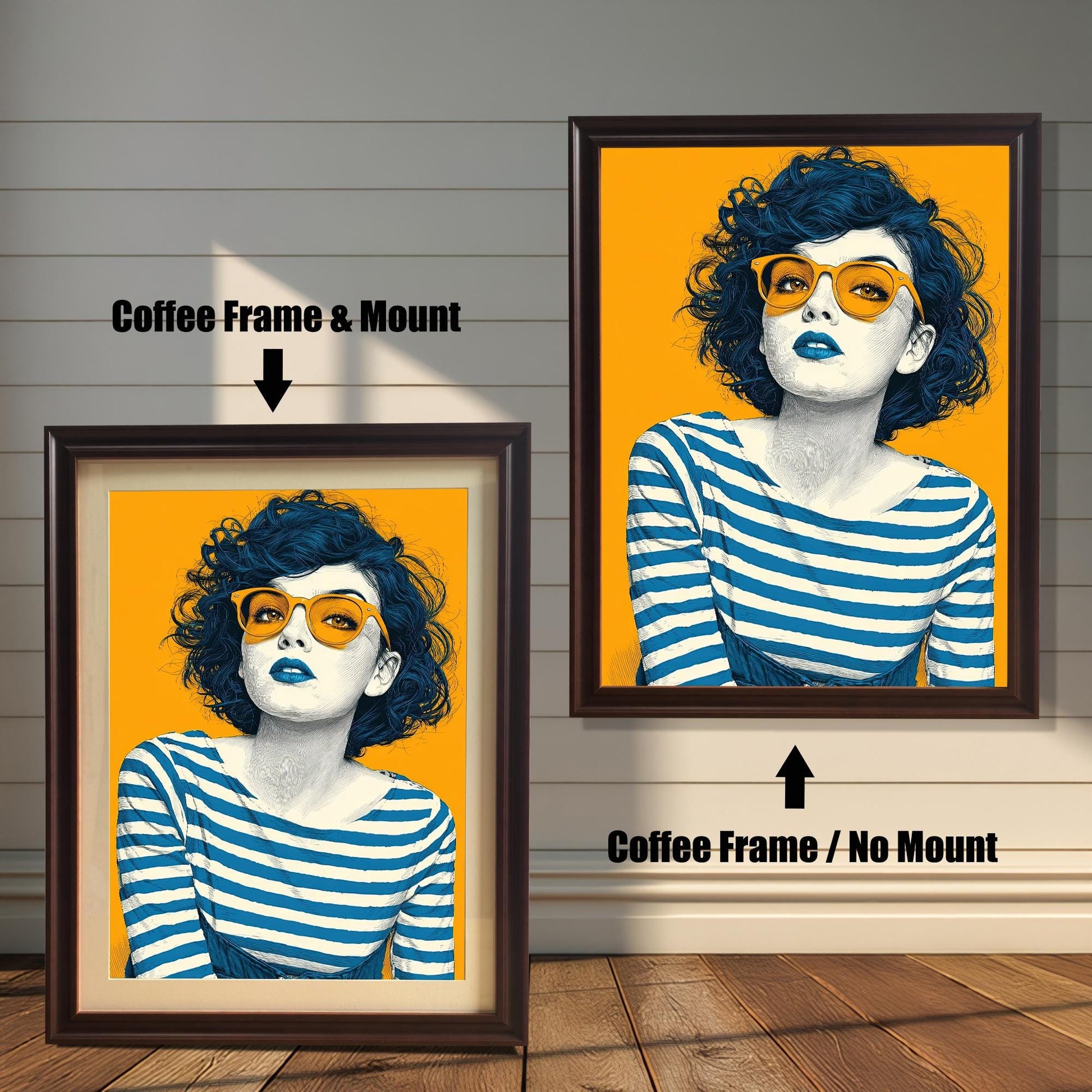 A side-by-side comparison of two art prints of a woman in coffee-colored frames. The print on the left has a mount, while the one on the right is shown without.