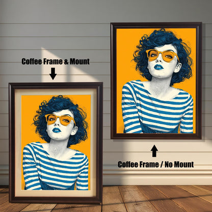 A side-by-side comparison of two art prints of a woman in coffee-colored frames. The print on the left has a mount, while the one on the right is shown without.