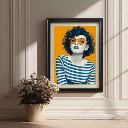 A black-framed print of a woman with orange sunglasses, leaning against a white wall. A potted plant with dried flowers is in the foreground.