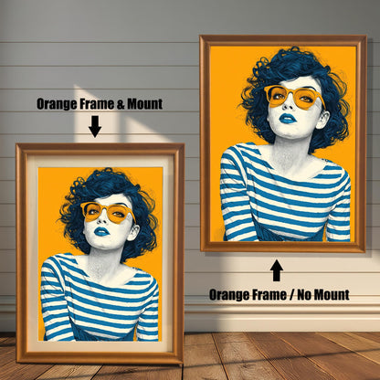 A comparison of two art prints of a woman in orange frames. The print on the left has a mount, and the one on the right does not, showing the difference in style.