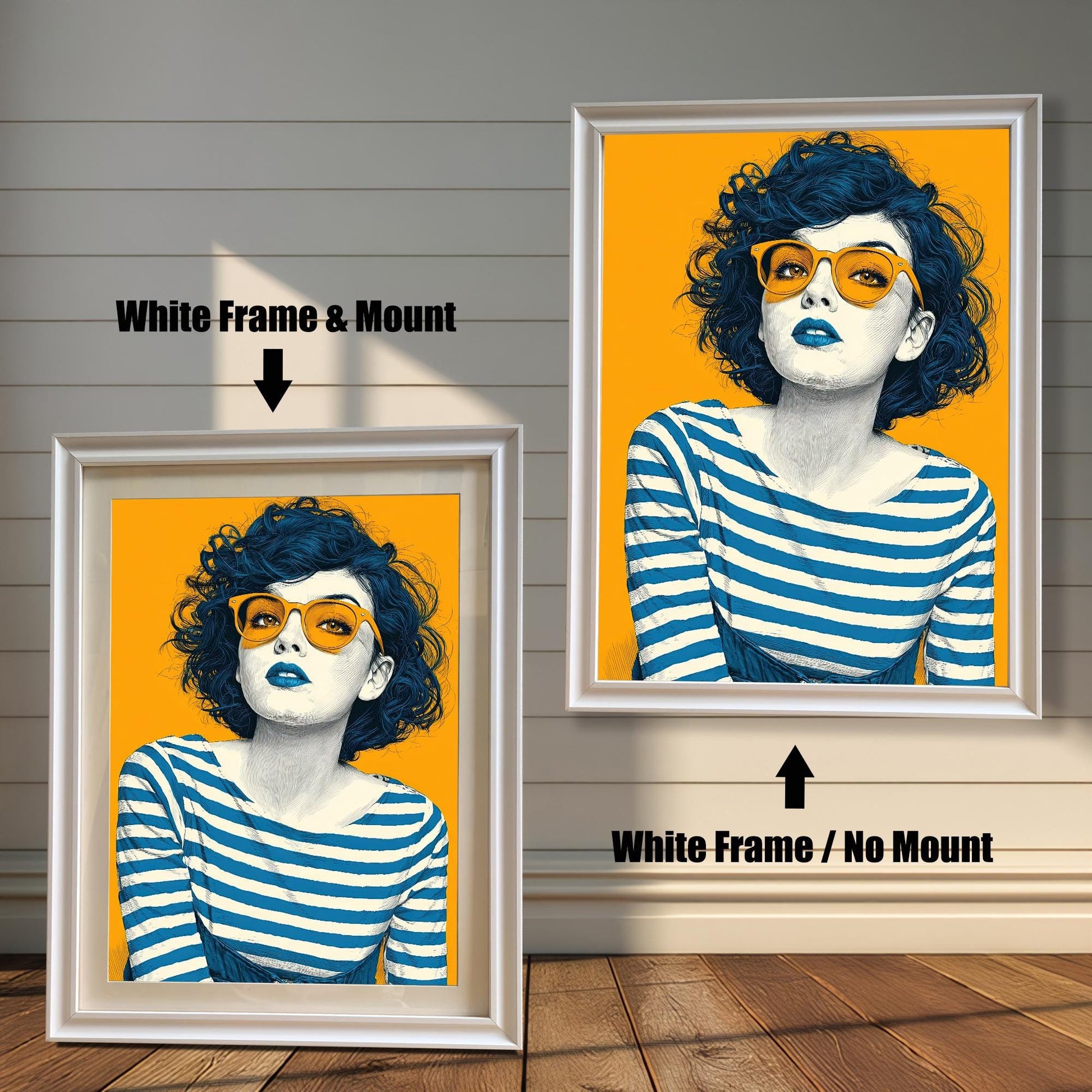 A comparison of two prints of a woman with dark blue hair and a striped shirt. Both prints are in a white frame, but one includes a mount, and the other does not.