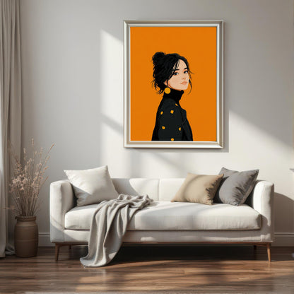 A framed art print of a woman in a black turtleneck with yellow polka dots, hanging above a white sofa. The frame is a light, metallic color, possibly silver or champagne.