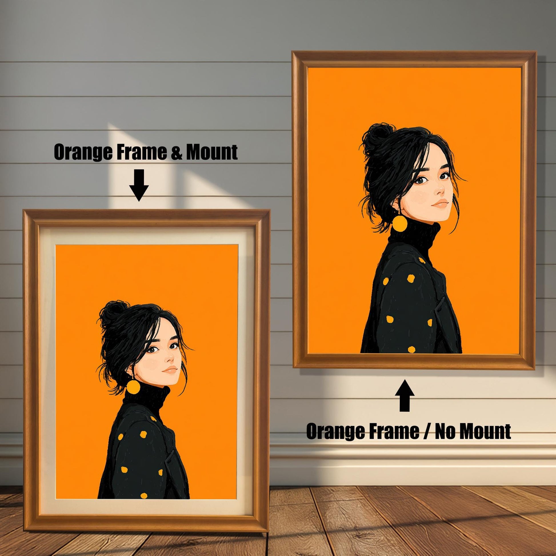 A side-by-side comparison of two art prints of a woman in orange frames. The print on the left has a mount, while the one on the right is shown without.