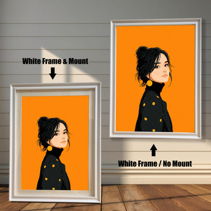 A side-by-side comparison of two art prints of a woman in white frames. The print on the left has a mount, while the one on the right is shown without.