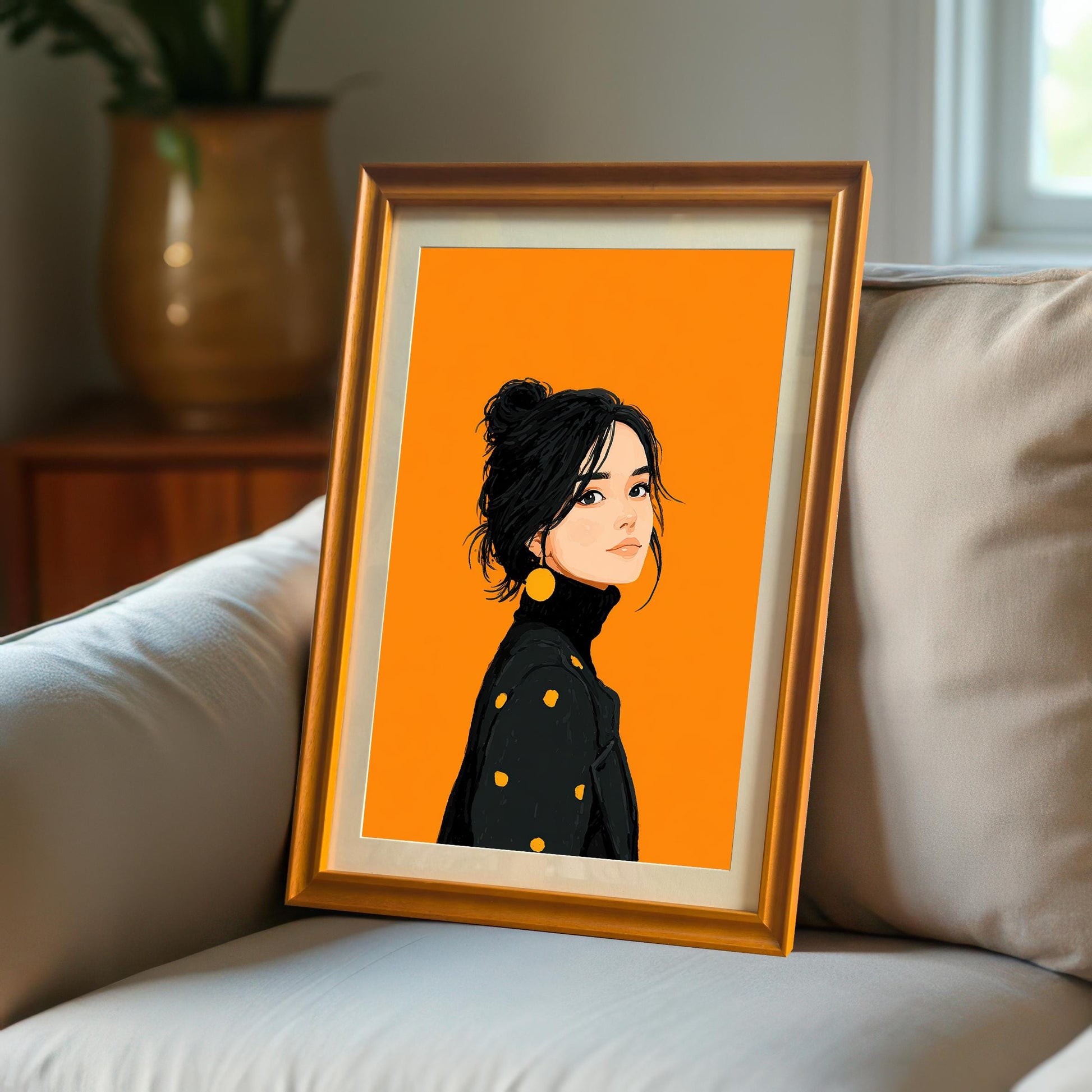 An orange-framed art print of a woman with a high bun and a black top with yellow polka dots. The print is propped on a white sofa next to a plant.
