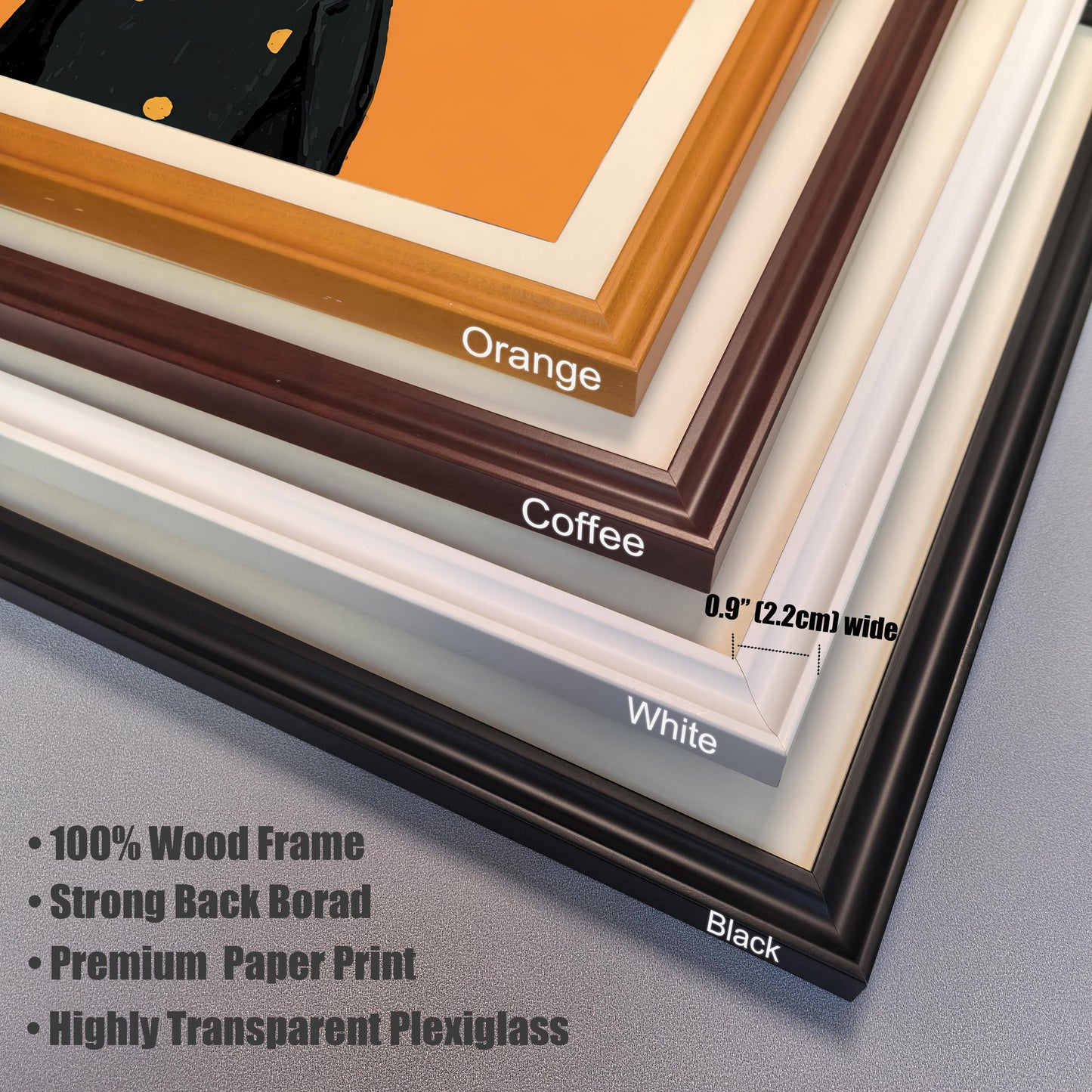 A close-up of the four frame options: black, white, coffee, and orange. The image text indicates the frames are 0.9 inches (2.2 cm) wide and lists features like a 100% wood frame and plexiglass.