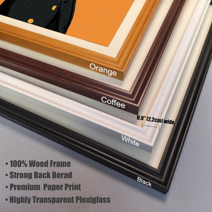 A close-up of the four frame options: black, white, coffee, and orange. The image text indicates the frames are 0.9 inches (2.2 cm) wide and lists features like a 100% wood frame and plexiglass.