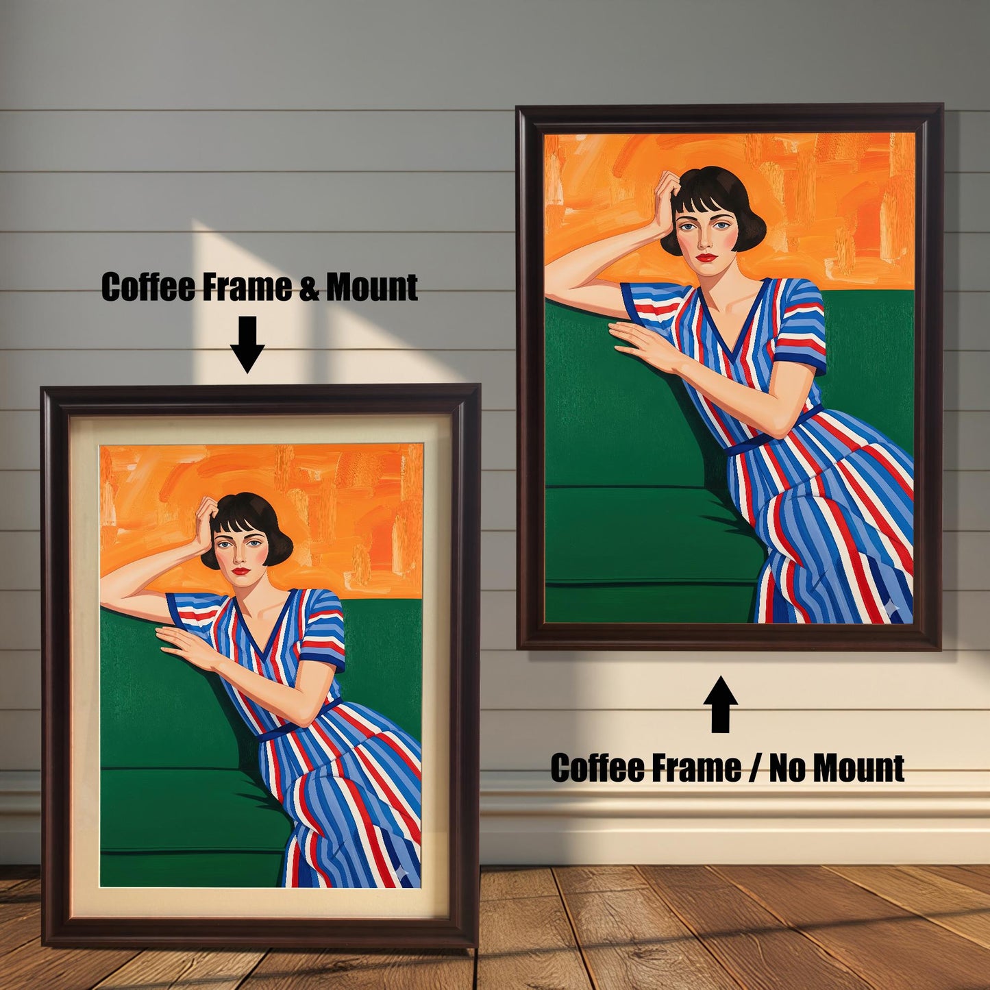 A comparison of two framed art prints of a seated woman. Both prints are in a coffee-colored frame, but one has a mount, while the other does not.