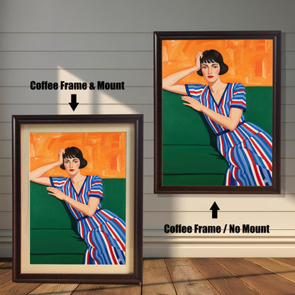 A comparison of two framed art prints of a seated woman. Both prints are in a coffee-colored frame, but one has a mount, while the other does not.