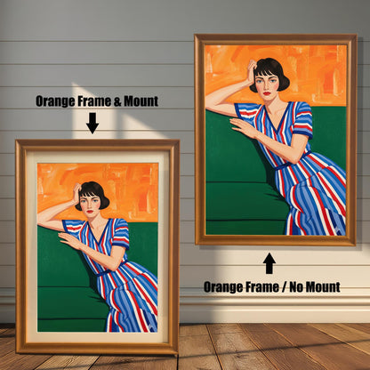 A comparison of two art prints of a seated woman in orange frames. One print has a mount, and the other does not, highlighting the difference in appearance.