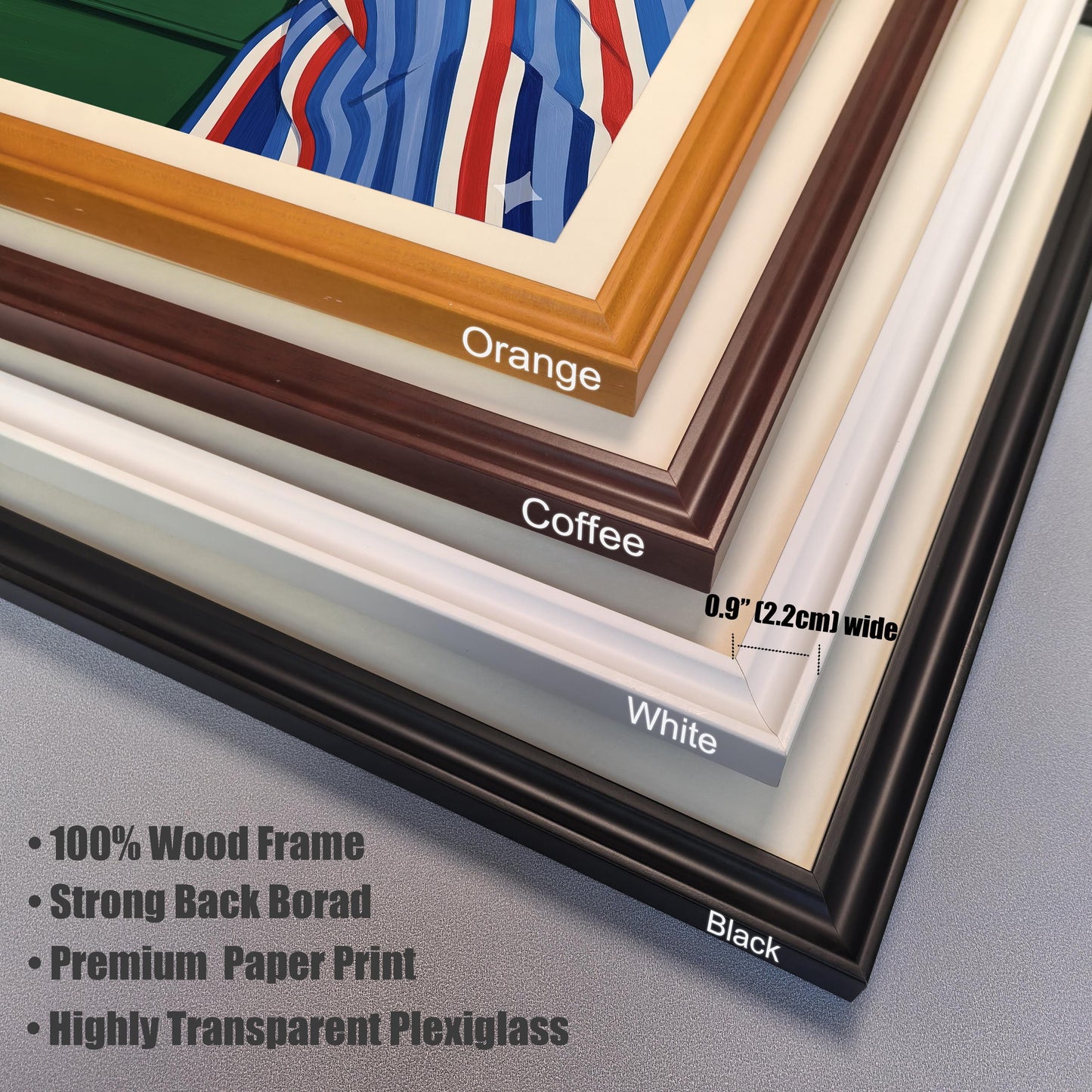 A close-up of the four frame options: black, white, coffee, and orange. The image text indicates the frames are 0.9 inches (2.2 cm) wide and lists features like a 100% wood frame and plexiglass.