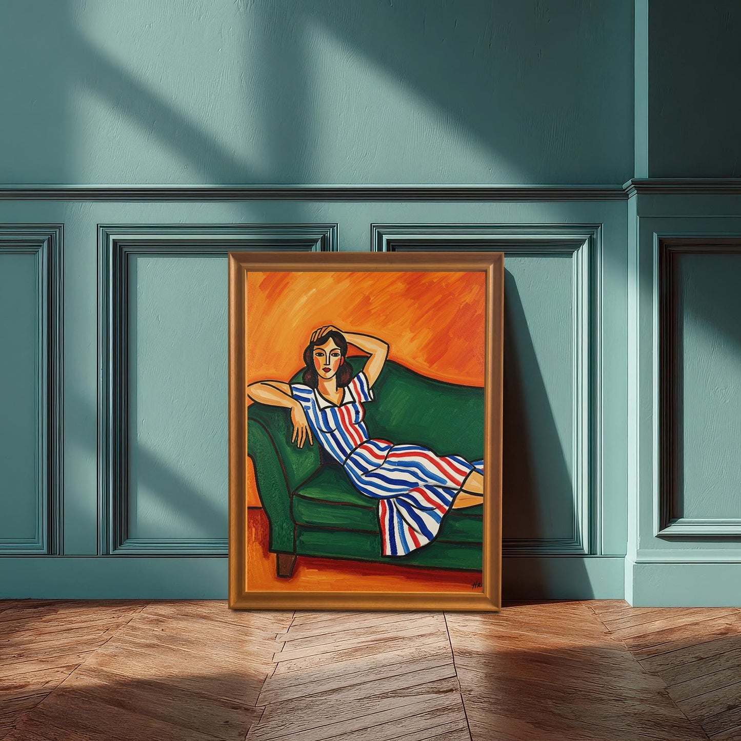 An orange-framed print of a woman in a striped dress, propped against a teal wall with decorative molding. Sunlight casts shadows on the floor and wall.