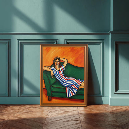 An orange-framed print of a woman in a striped dress, propped against a teal wall with decorative molding. Sunlight casts shadows on the floor and wall.