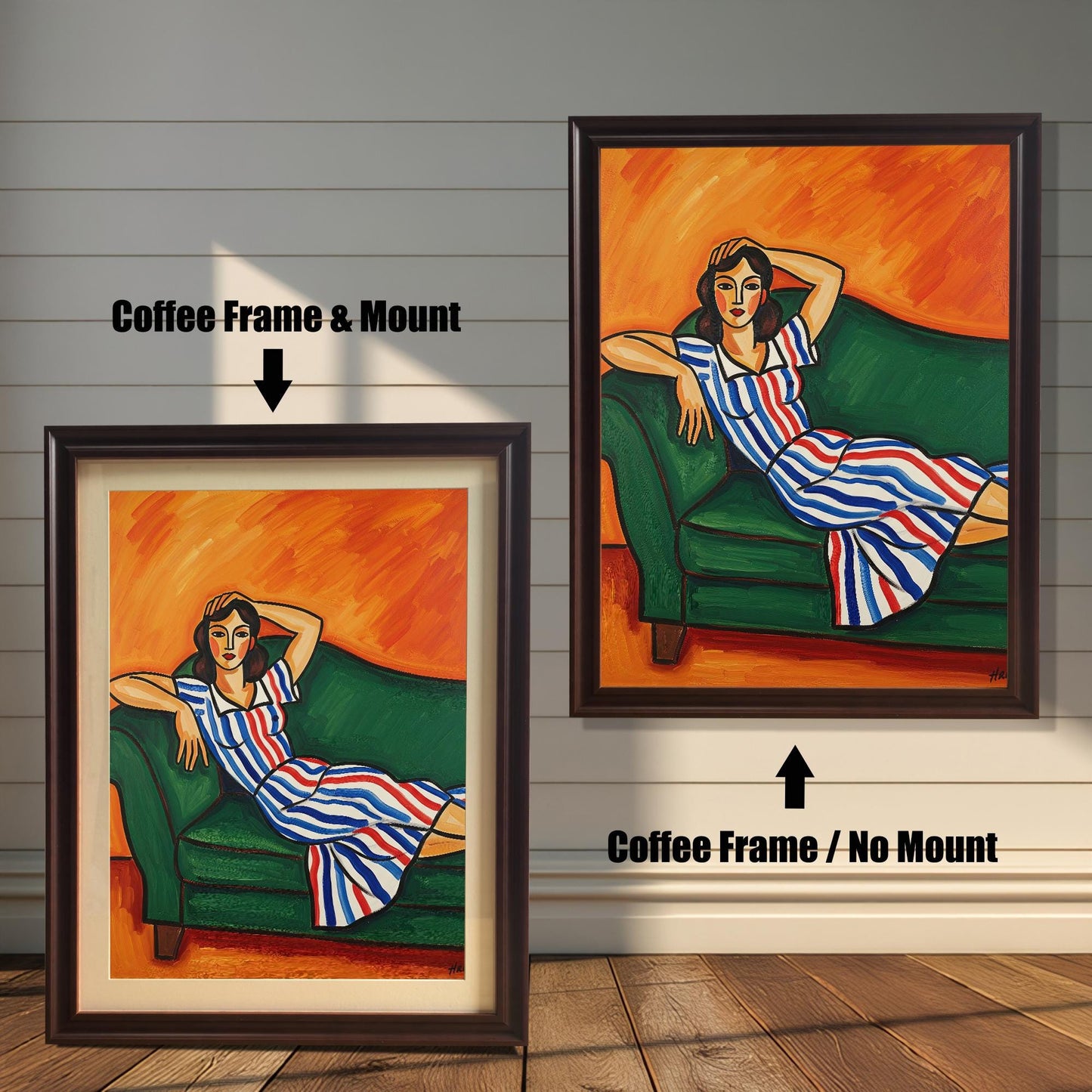 A side-by-side comparison of two watercolor prints of a woman. Both prints are in a coffee-colored frame. One print has a mount, and the other is shown without.