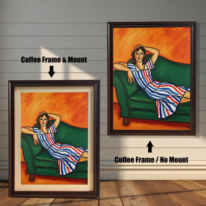 A side-by-side comparison of two watercolor prints of a woman. Both prints are in a coffee-colored frame. One print has a mount, and the other is shown without.