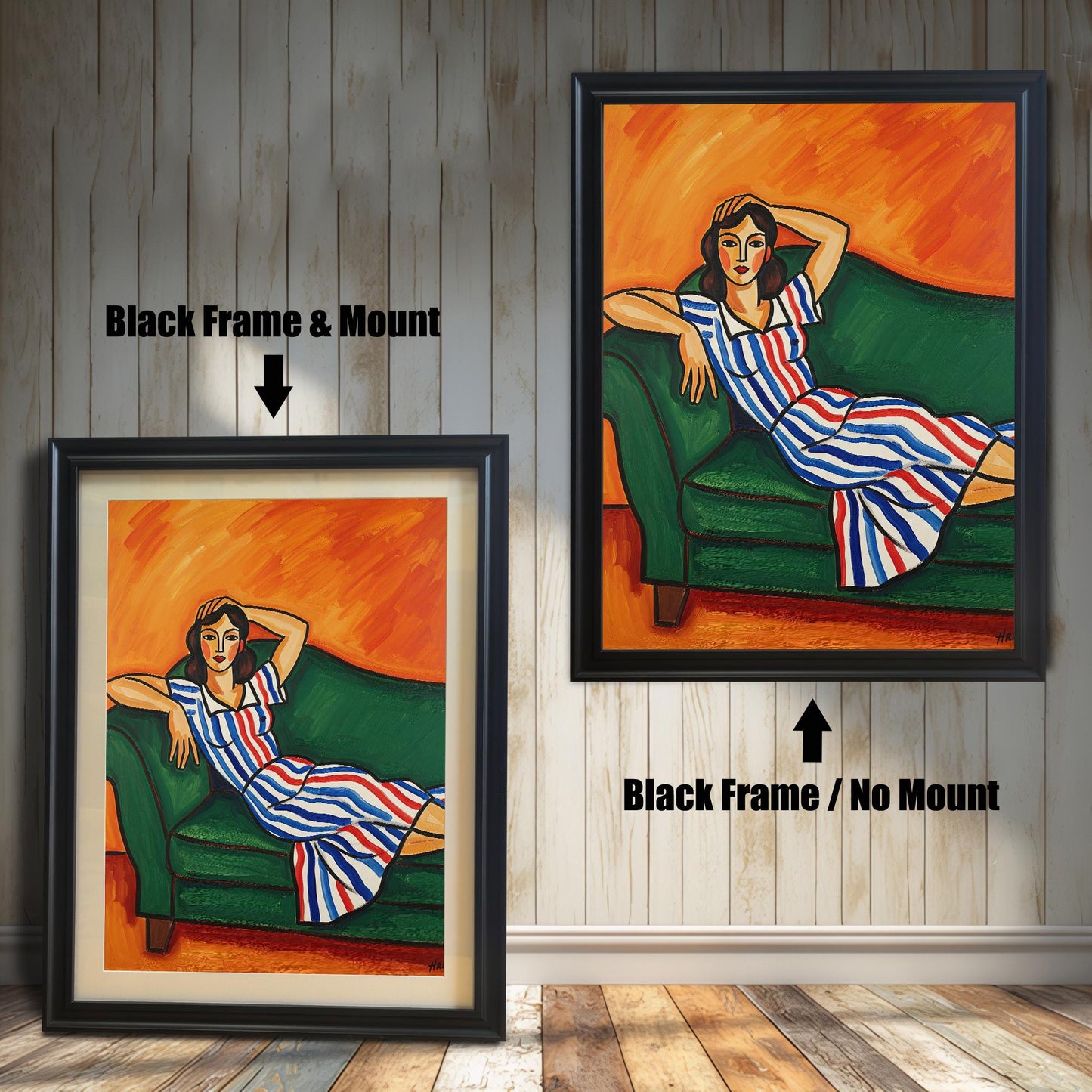 A side-by-side comparison of two watercolor prints of a woman. Both prints are in a black frame. One print has a mount, and the other is shown without.