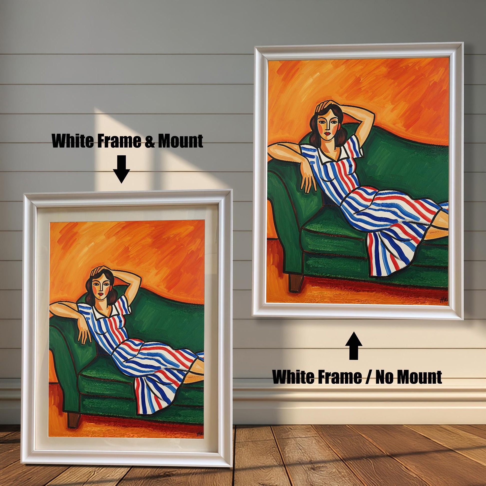 A comparison of two prints of a woman in a striped dress. Both prints are in a white frame, but one includes a mount, and the other is shown without.