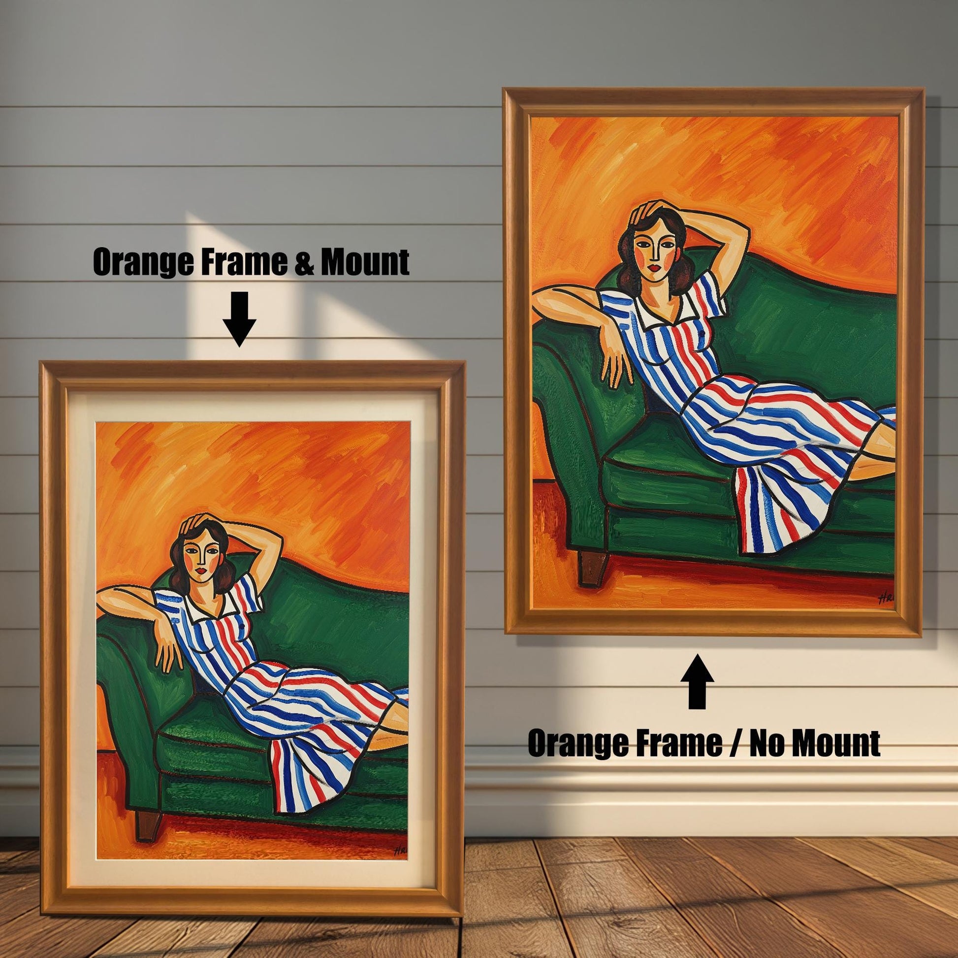 A comparison of two framed prints of a woman in a striped dress. Both prints are in an orange frame. One is shown with a mount, and the other is shown without.