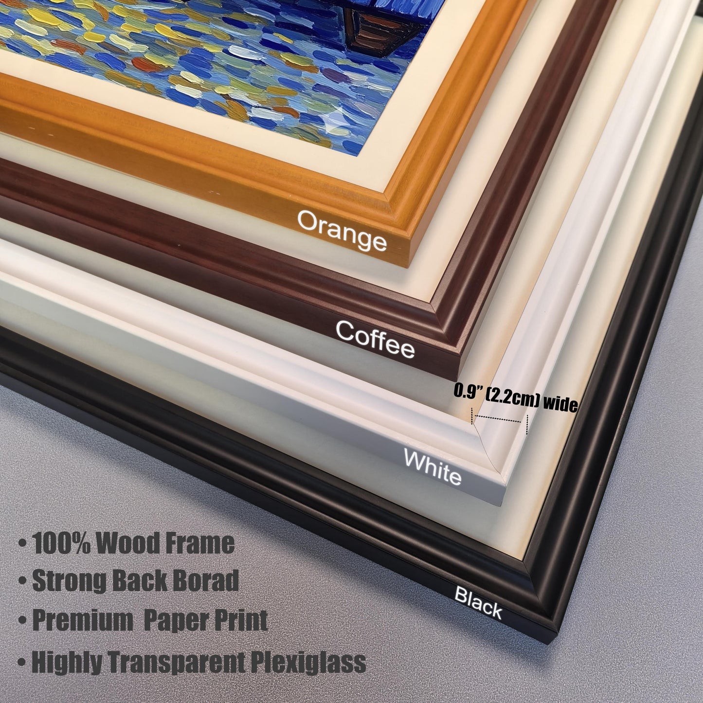 Close-up of four wood picture frames stacked: orange, coffee brown, white, and black. Text lists features like "100% Wood Frame," "Strong Back Borad," "Premium Paper Print," and "Highly Transparent Plexiglass."
