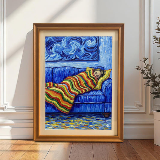 A painting of a person sleeping on a blue couch in an orange frame leaning against a white paneled wall. A potted plant stands to the right of the painting.
