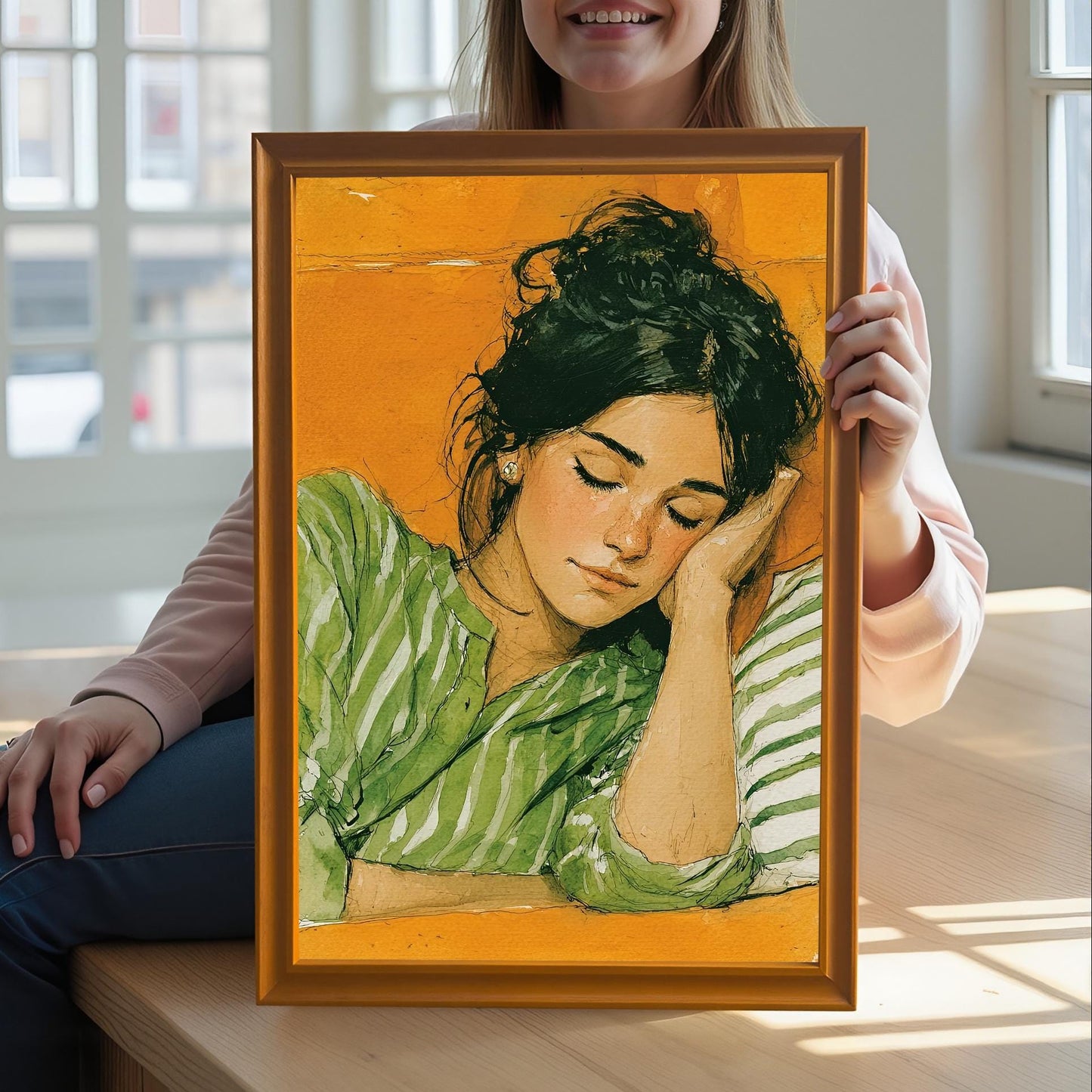 A person holds up a framed painting of a sleeping woman, showcasing the artwork's scale and frame color in a bright, indoor setting.