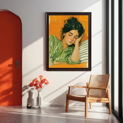 A side-by-side comparison of a painting of a sleeping woman, showing the black frame options. One version has a white matting ("mount") and the other does not.