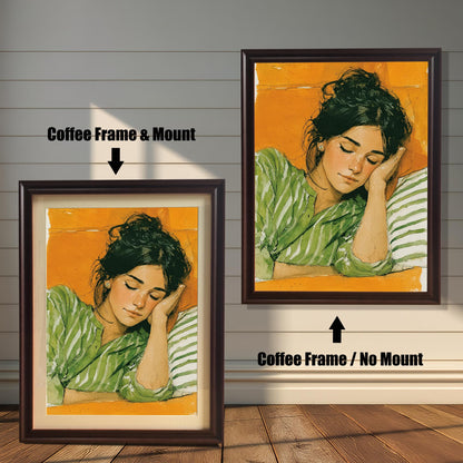 A comparison of a painting of a sleeping woman in a coffee-colored frame. One version has a white matting ("mount") and the other does not, showcasing two different framing styles.
