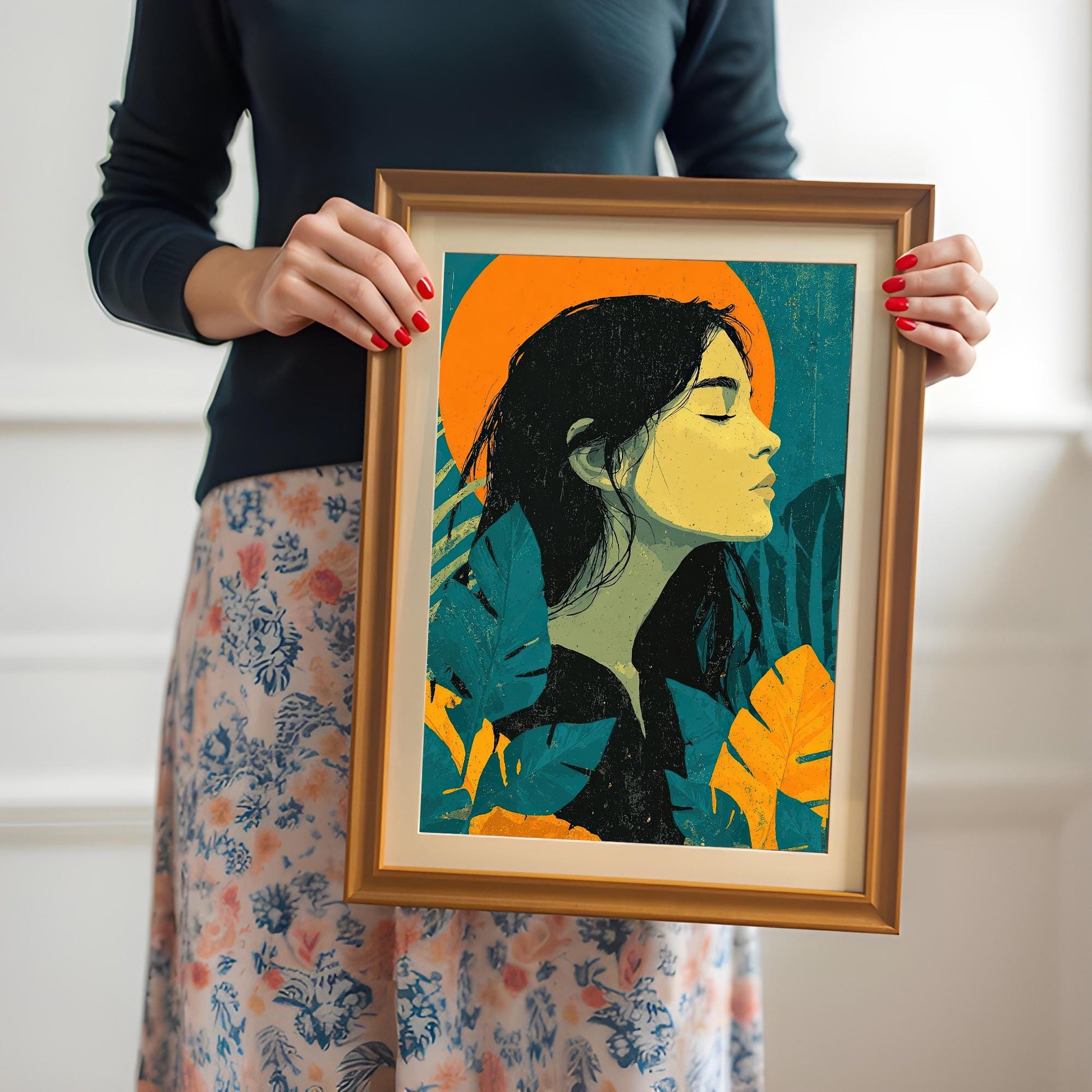 A person holds up a framed art print of a woman's profile, showcasing the size and style of the piece. The frame is orange with a mat.