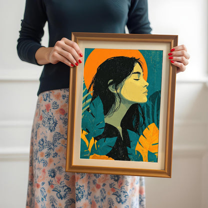 A person holds up a framed art print of a woman's profile, showcasing the size and style of the piece. The frame is orange with a mat.
