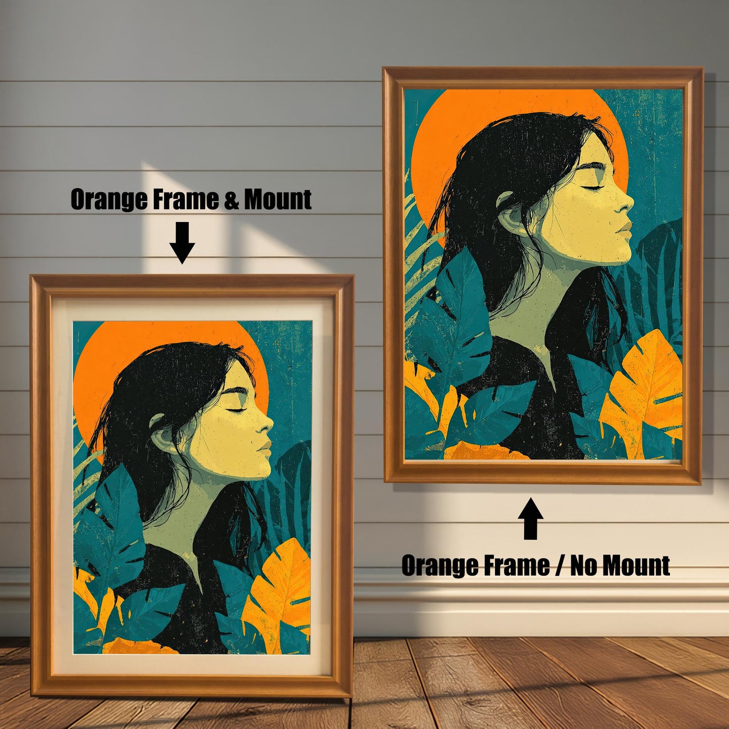 A side-by-side comparison of a framed art print. The left image shows the print in a thick orange frame with a white mat, and the right image shows the print in a thinner orange frame without a mat.
