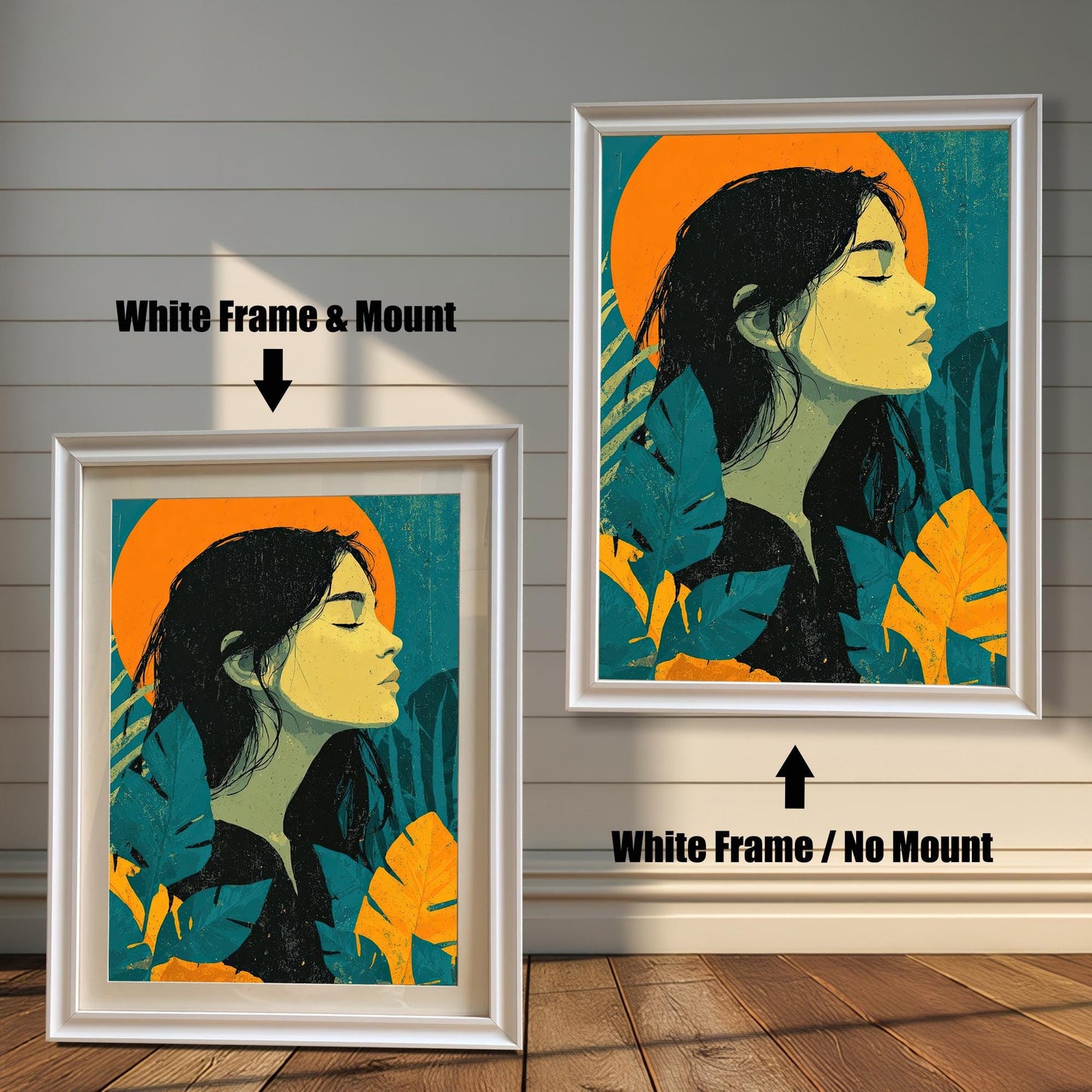 A side-by-side comparison of a framed art print. The left image shows the print in a thick white frame with a white mat, and the right image shows the print in a thinner white frame without a mat.