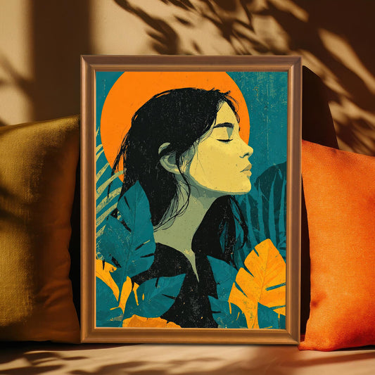 A framed art print of a woman's profile surrounded by tropical leaves. The orange-framed print is propped on a couch between two orange and yellow pillows.