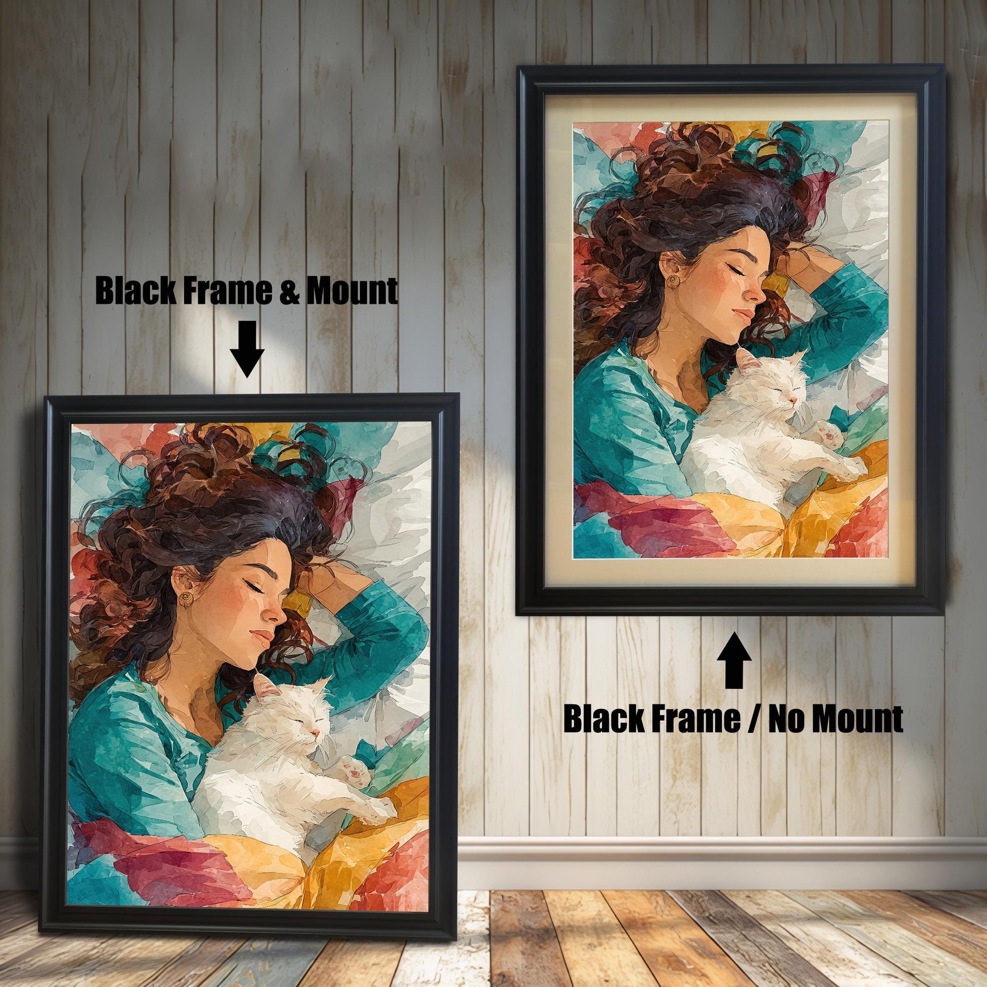 A side-by-side comparison of a framed art print. The left image shows the print in a thick black frame with a white mat, and the right image shows the print in a thinner black frame without a mat.