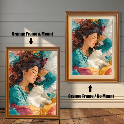 A side-by-side comparison of a framed art print. The left image shows the print in a thick orange frame with a white mat, and the right image shows the print in a thinner orange frame without a mat.