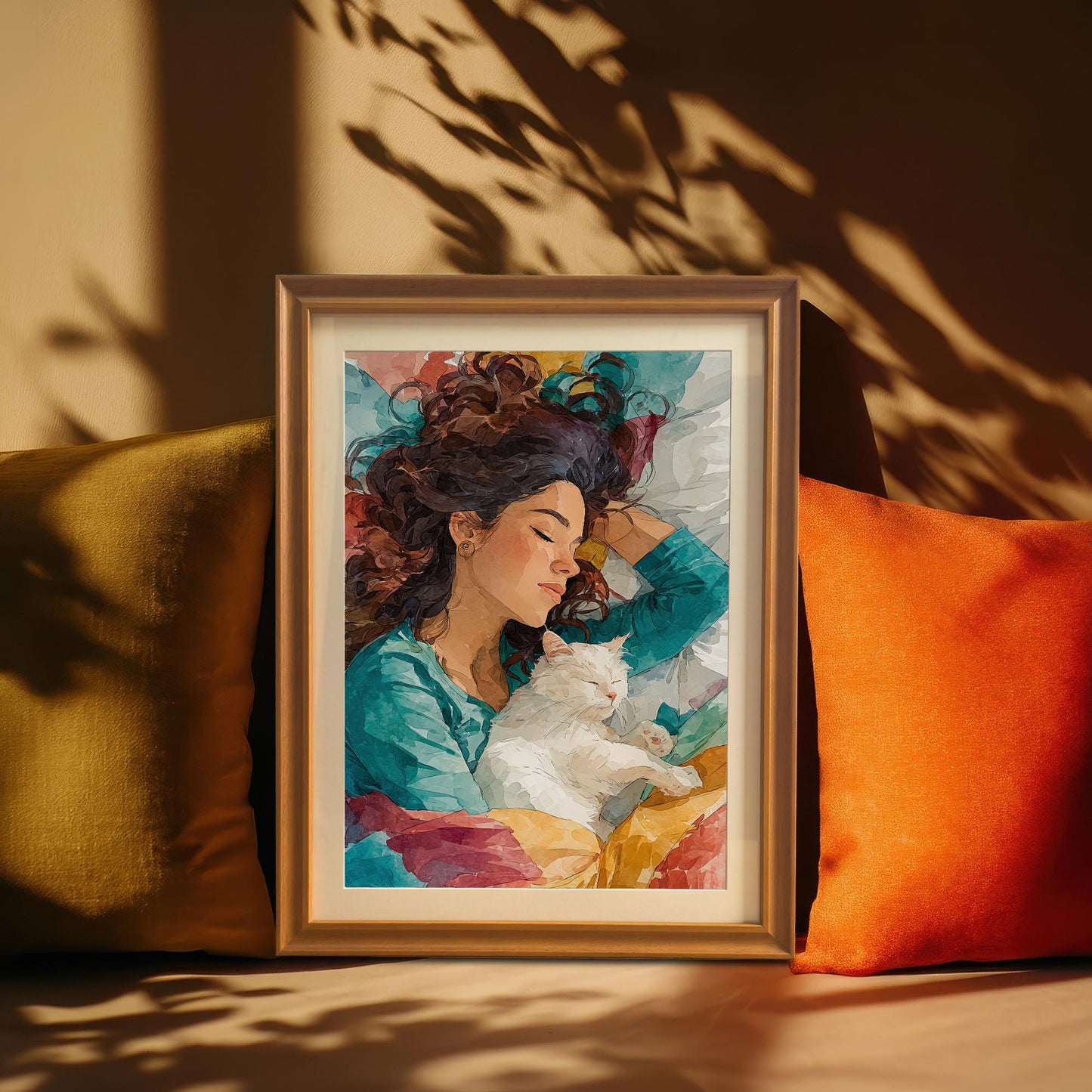 A framed art print of a woman sleeping with a cat. The orange-framed print is propped on a couch between a yellow and an orange pillow.