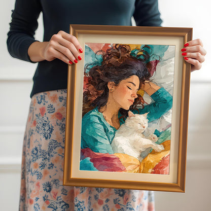 A person holds up a framed art print of a woman sleeping with a cat. The frame is orange and includes a mat.