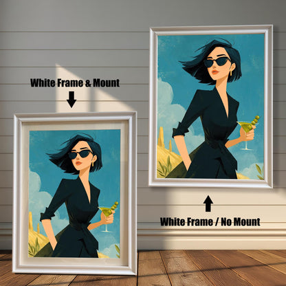 A side-by-side comparison of a framed art print. The left image shows the print in a thick white frame with a white mat, and the right image shows the print in a thinner white frame without a mat.